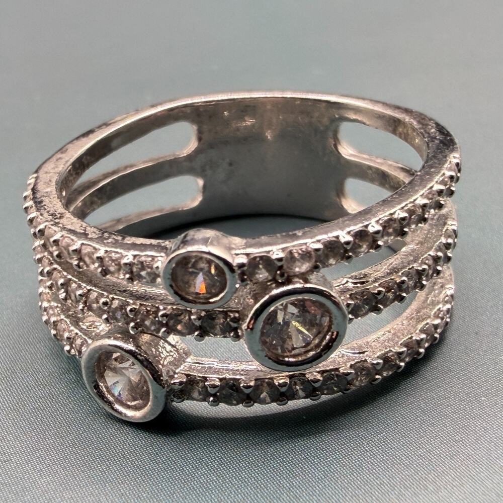 Silver Tone Rhinestone Wide Band Ring Clear Crystal Multi Row Statement Vintage